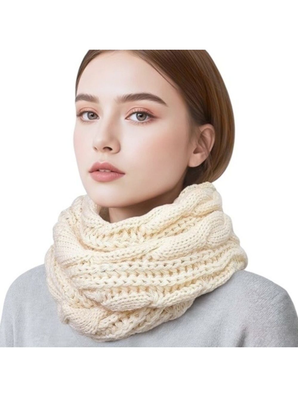 Handcrafted Cable Knit Circle Loop Infinity Scarf Head/Neck Wrap in Off-White